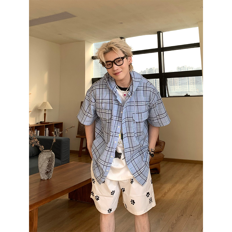 NECOYEP连帽抽绳格纹短袖衬衫