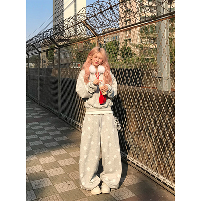 NECOYEP 美式复古雪花垂感阔腿抽绳卫裤男女宽松休闲百搭直筒长裤