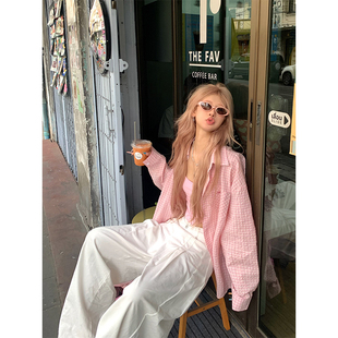 NECOYEP 美式字母刺绣粉格子长袖衬衫男女宽松休闲百搭防晒外套