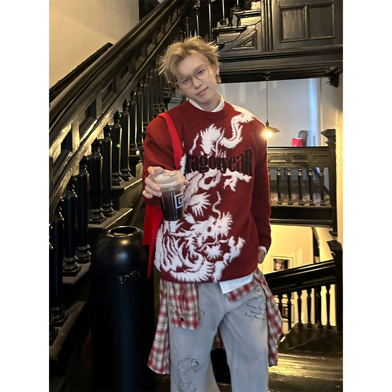 NECOYEP生肖龙刺绣针织毛衣