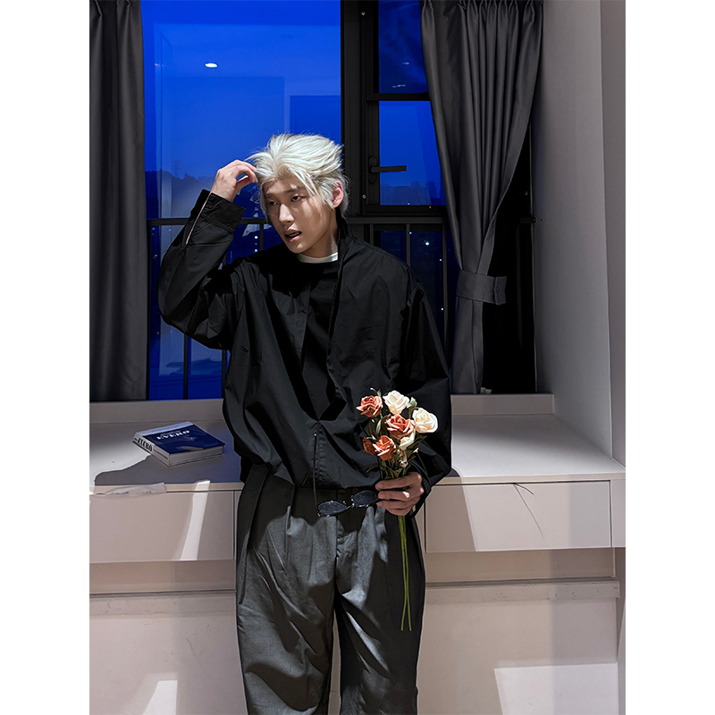 NECOYEP 美式复古纯色质感立领衬衫男女宽松休闲时尚百搭上衣外套