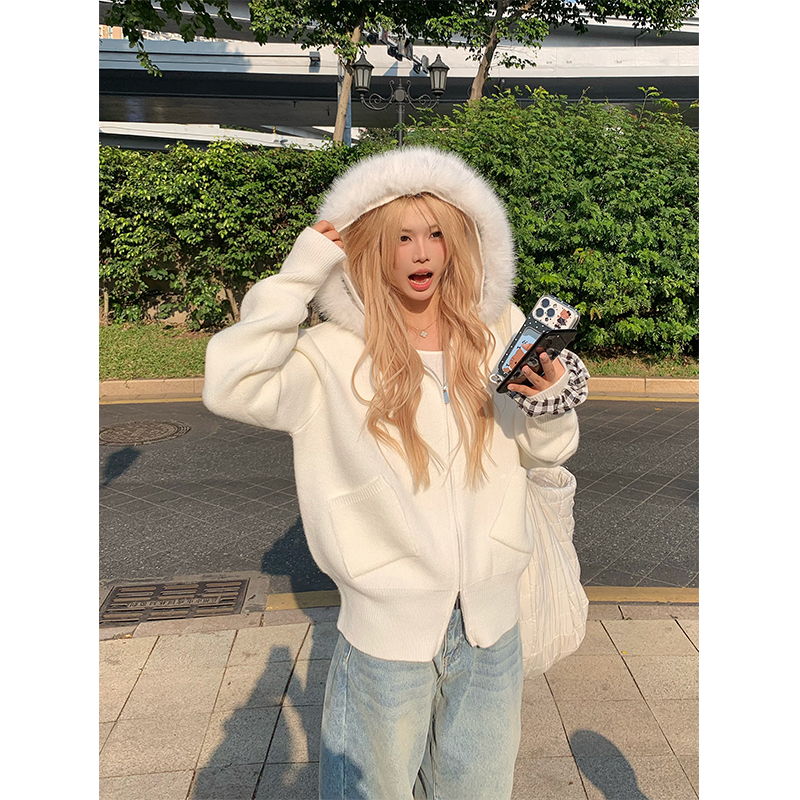 NECOYEP 美式可拆卸毛领连帽针织毛衣男女秋冬宽松休闲百搭外套