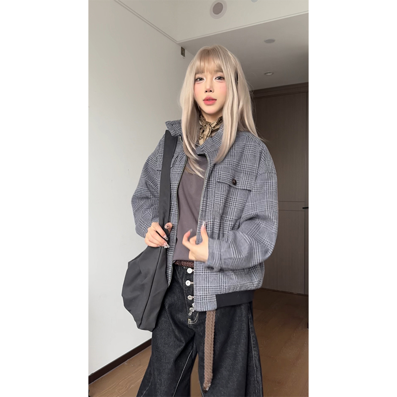 NECOYEP 美式潮牌千鸟格哈灵顿夹克男女春秋宽松百搭cleanfit外套