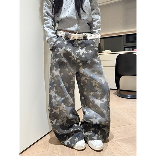 NECOYEP 美式星星满印渐变迷彩工装裤男女宽松休闲百搭阔腿长裤