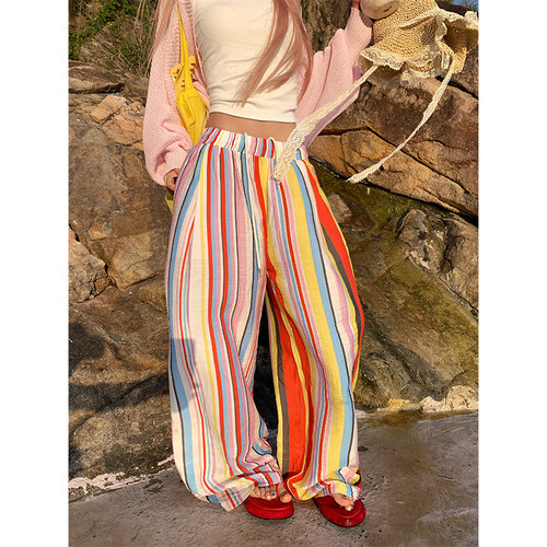 NECOYEP 美式复古彩虹条纹松紧腰阔腿休闲裤男女宽松百搭拖地长裤