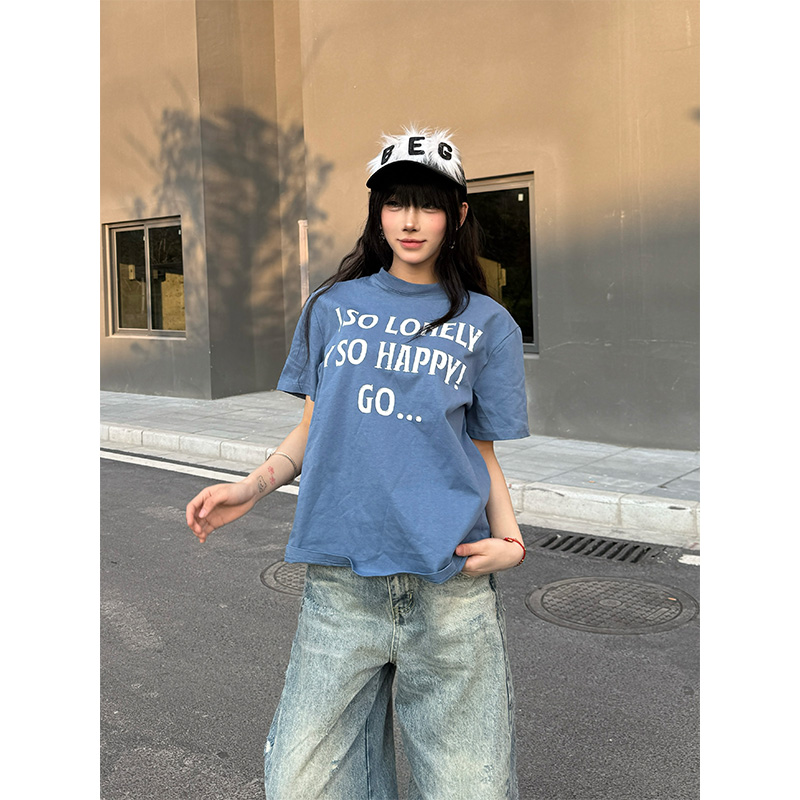 NECOYEP美式慵懒风简约字母印花短袖T恤男女宽松运动基础款打底衫