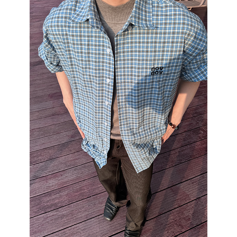 NECOYEP美式高级感蓝格拼色短袖刺绣衬衫夏男女宽松休闲清新衬衣
