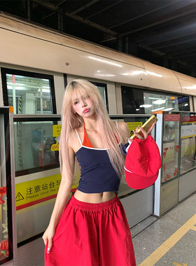 NECOYEP夏美式假两件挂脖吊带背心女辣妹设计感修身显瘦无袖上衣