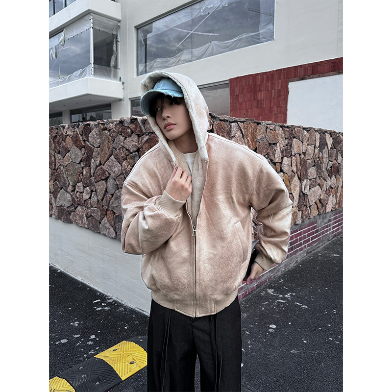 NECOYEP 美式裂纹皮廓形座山雕连帽棉服男女冬季潮流百搭保暖外套