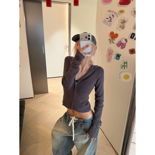 NECOYEP 美式复古纯色连帽开衫针织衫女秋冬显瘦百搭休闲短外套