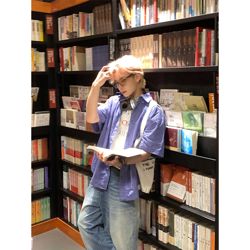 NECOYEP复古撞色格子短袖衬衫