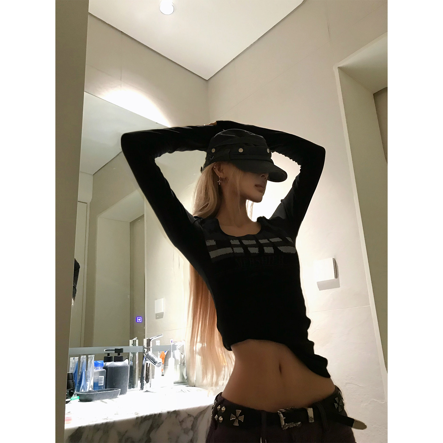 NECOYEP 美式U领字母印花长袖T恤女辣妹修身显瘦百搭打底上衣