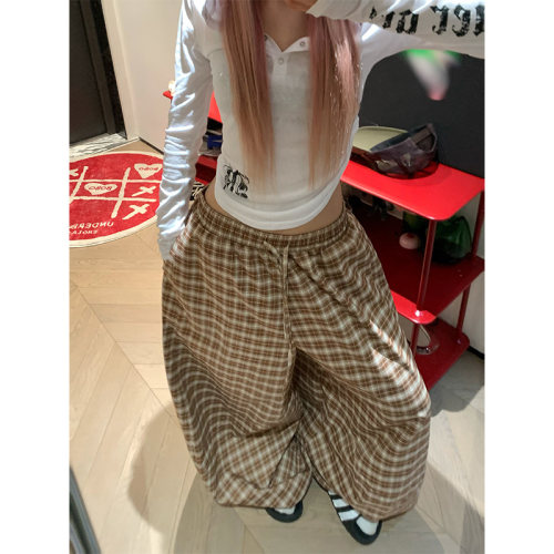 NECOYEP 美式松弛感格子抽绳休闲裤男女宽松休闲百搭阔腿拖地长裤