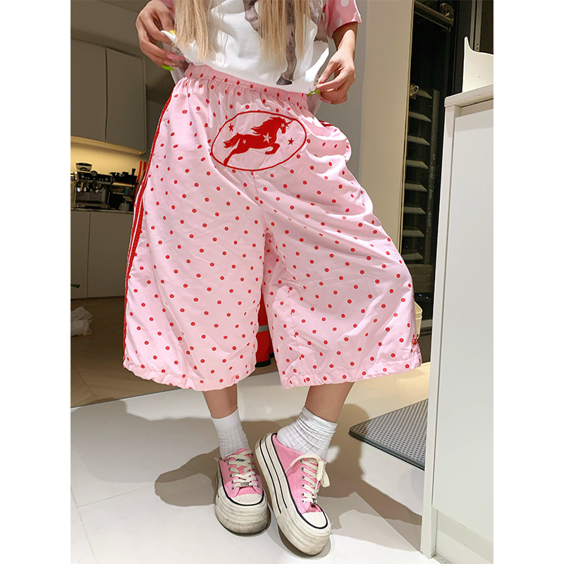 NECOYEP 美式复古波点小马刺绣七分裤夏季男女宽松直筒阔腿短裤