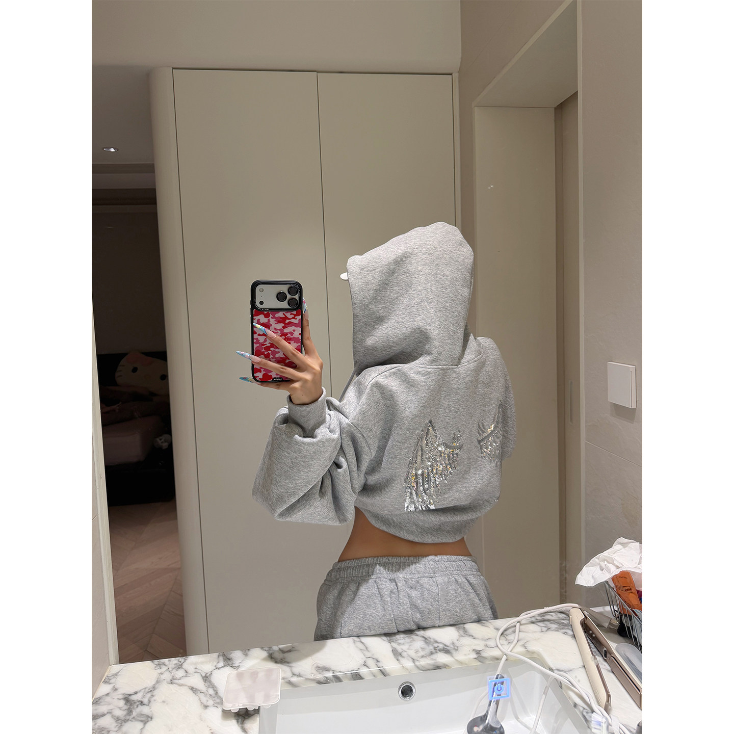 NECOYEP 美式小众设计亮片翅膀连帽开衫卫衣男女春秋宽松百搭帽衫