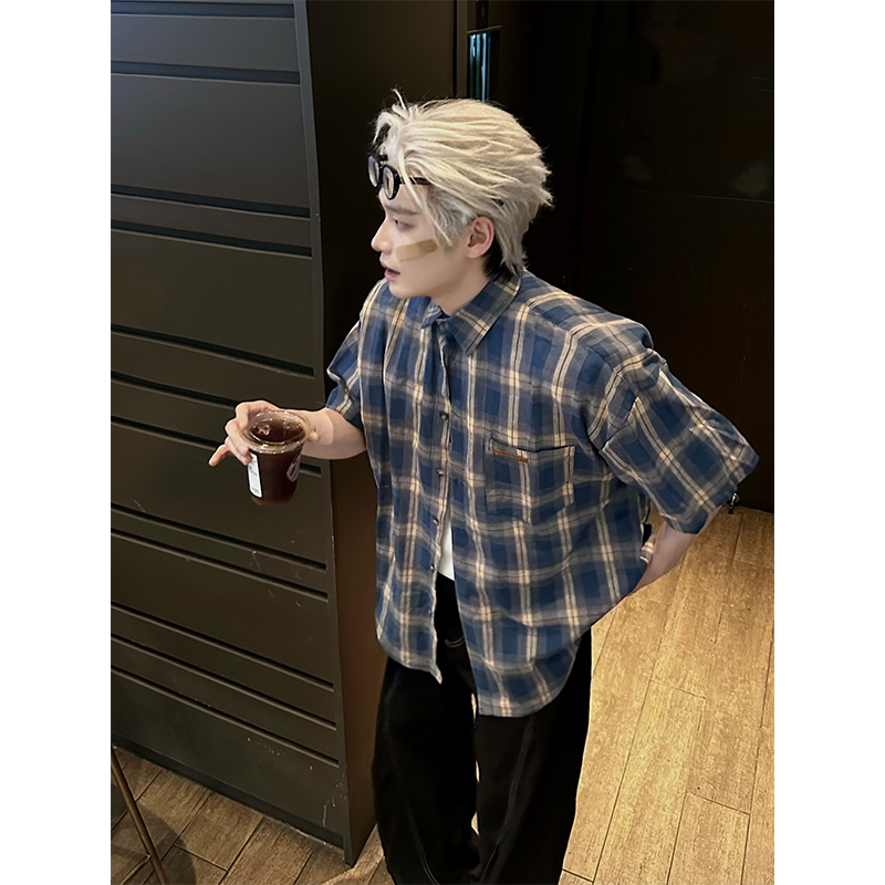 NECOYEP 夏季美式复古撞色格纹短袖衬衫男女宽松休闲百搭上衣