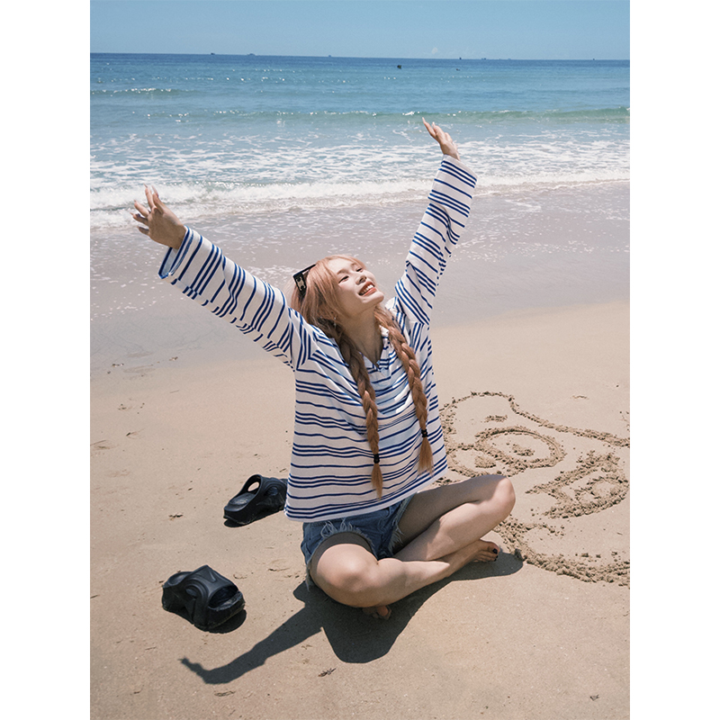 NECOYEP美式复古蓝白条纹polo领长袖T恤男女宽松休闲慵懒百搭上衣