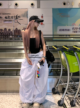 NECOYEP2025美式叠穿设计感绑带伞兵裤男女宽松休闲褶皱阔腿裤潮