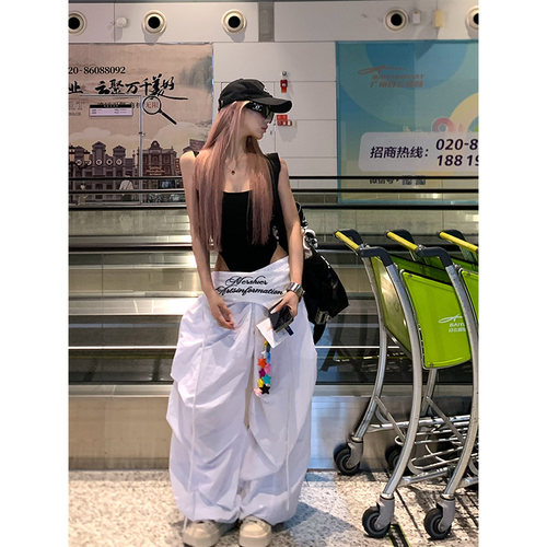 NECOYEP2025美式叠穿设计感绑带伞兵裤男女宽松休闲褶皱阔腿裤潮