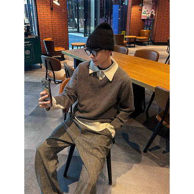 NECOYEP 美式老钱风拼色假两件polo领针织毛衣男女慵懒百搭套头衫