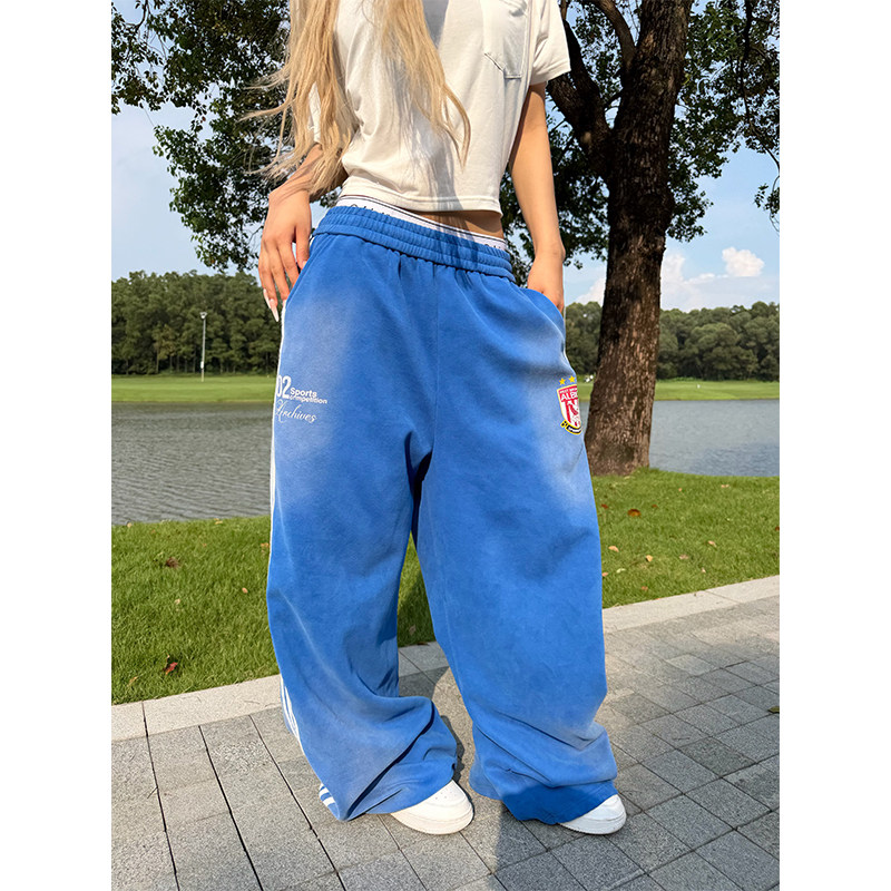 NECOYEP 美式侧边三条杠松紧腰阔腿卫裤男女宽松百搭运动拖地长裤