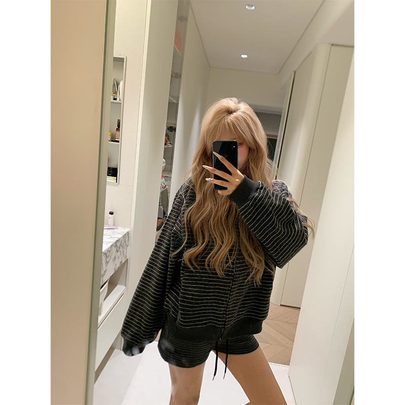 NECOYEP 美式拼色条纹连帽开衫卫衣男女春秋设计感宽松百搭帽衫