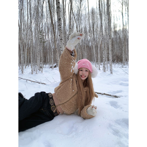 NECOYEP 美式复古立领毛绒短款棉衣女秋冬休闲百搭保暖外套