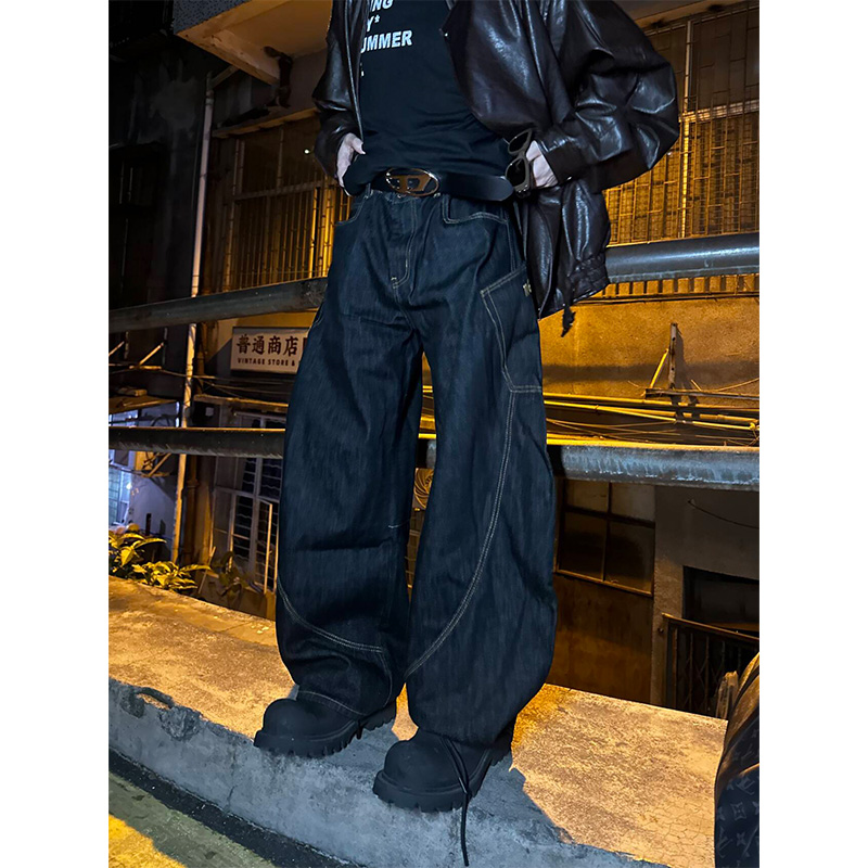 NECOYEP 2025美式街头弯刀设计大口袋牛仔裤男女宽松直筒阔腿裤
