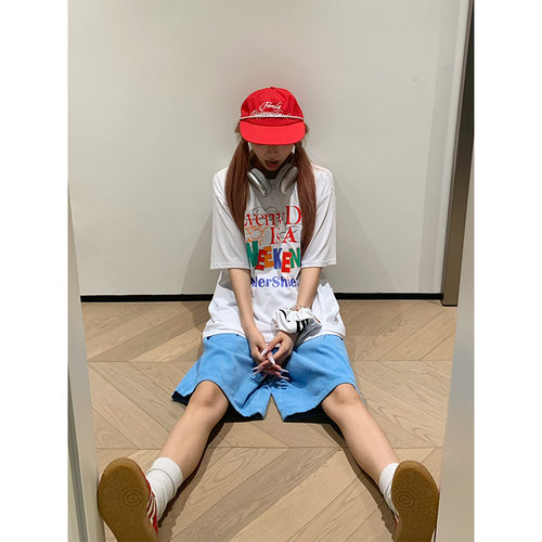 NECOYEP夏季美式彩色字母印花圆领T恤男女宽松休闲百搭短袖上衣