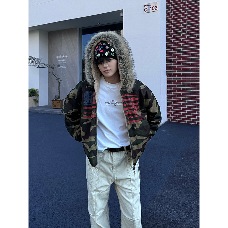 NECOYEP 美式旗帜迷彩加绒连帽卫衣男女秋冬宽松设计感休闲外套