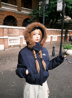 NECOYEP 2025冬季美式毛领连帽短款面包羽绒服男女宽松保暖厚外套