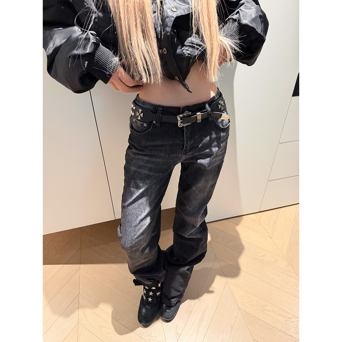 NECOYEP 美式设计感微喇修身牛仔裤女辣妹直筒显瘦百搭低腰长裤