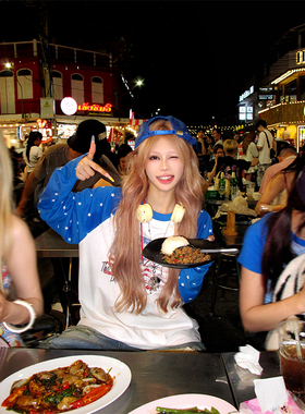 NECOYEP美式复古星星插肩袖做旧印花长袖T恤男女宽松休闲百搭上衣