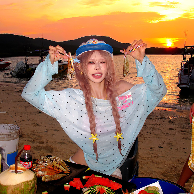 NECOYEP 美式波点慵懒薄款长袖T恤女辣妹休闲显瘦防晒罩衫上衣