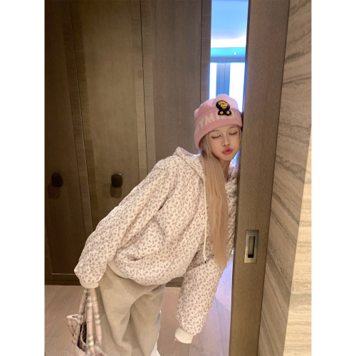 NECOYEP 美式碎花满印夹棉连帽开衫卫衣男女秋冬宽松百搭帽衫外套