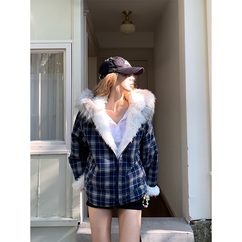 NECOYEP 2025美式潮牌格子毛绒连帽棉服男女冬季宽松保暖棉衣外套