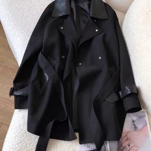 中长款 pu皮翻领拼接显瘦外套2025休闲 小个子腰带黑色风衣女春秋季