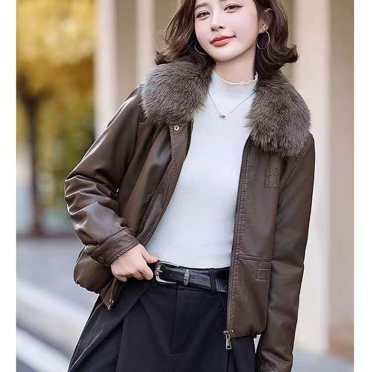 咖色可拆卸毛领加绒加厚皮衣短外套女冬季新款小个子PU皮棉衣夹克