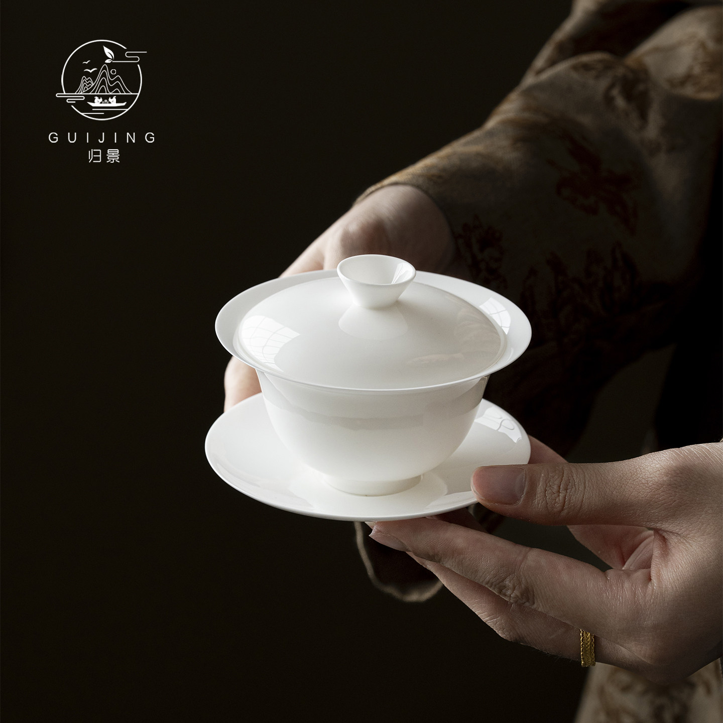 归景丨敞白丨不烫手骨瓷盖碗薄胎陶瓷大撇口茶碗泡茶家用潮汕茶具