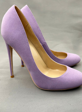 欧美新款香芋紫色12cm细跟超高跟浅口圆头单鞋日常10cm仙女风女鞋