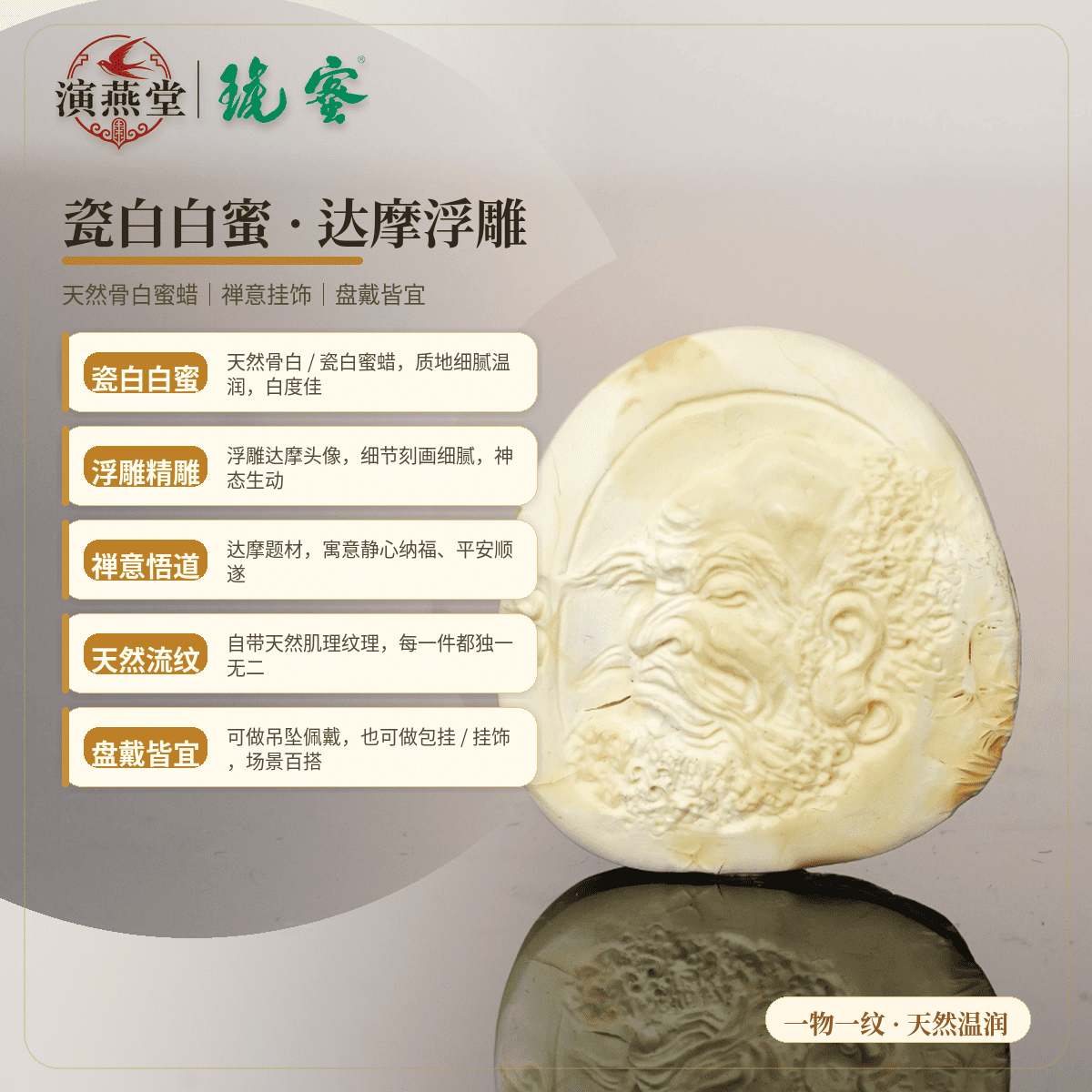演燕堂蜜琥瓷白蜜琥珀达摩浮雕摆件白度佳质地细腻温润禅意饰品