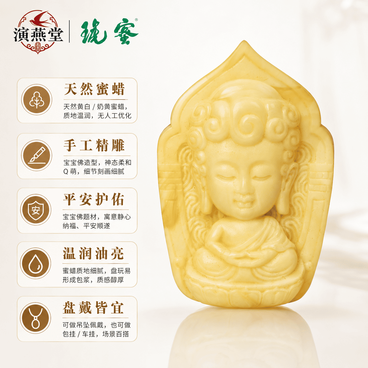 演燕堂蜜琥蜜蜡琥珀工艺品佛像吊坠手工精雕平安护佑温润油亮挂件