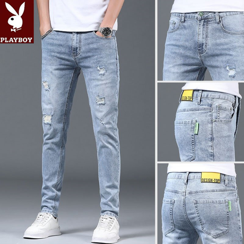 花花公子蓝色破洞牛仔裤男士修身小脚休闲长裤男直筒裤韩版裤子潮