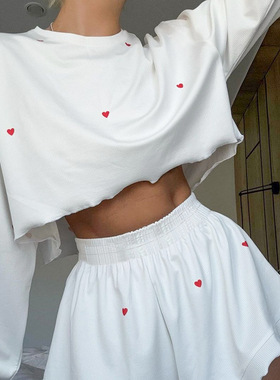 2025欧美针织女士家居服时尚爱心印花长袖短裤宽松两件套睡衣