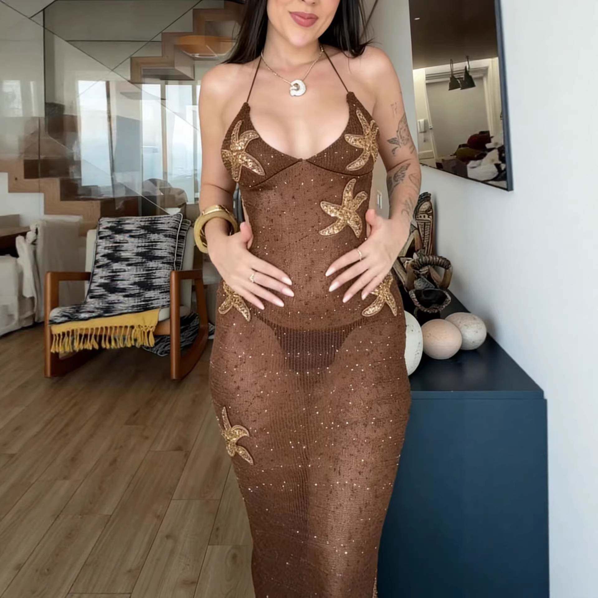 欧美性感修身镂空针织礼服长裙