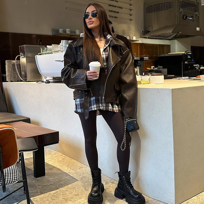 欧美女装2025秋季新款时尚机车服领短款皮衣夹克外套,女装/女士精品,时尚套装,淘宝优惠券,粉丝福利购,淘宝优惠卷