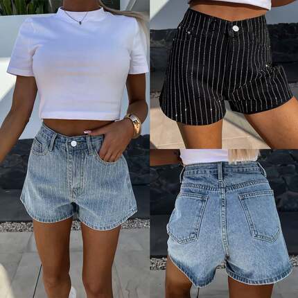 Straight-cut denim shorts欧美夏季街头时尚烫钻直筒牛仔短裤女