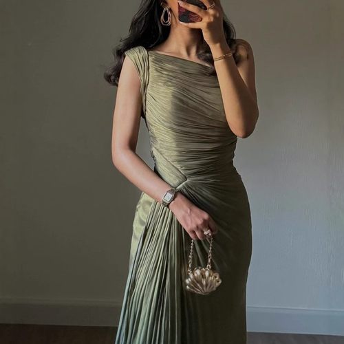 欧美女装褶皱飘带亮晶晶晚礼服