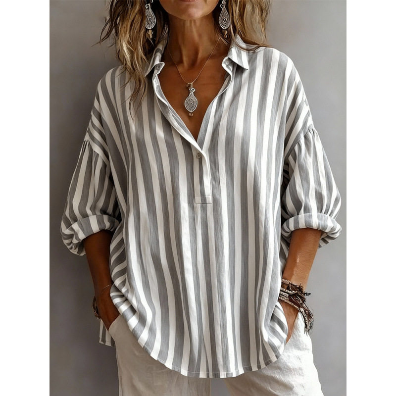 2026欧美女装春衬衫领长袖套头条纹宽松女式衬衫,女装/女士精品,衬衫,淘宝优惠券,粉丝福利购,淘宝优惠卷