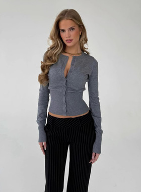 灰色针织长袖开衫欧美修身针织打底衫毛衣开衫女knitted cardigan